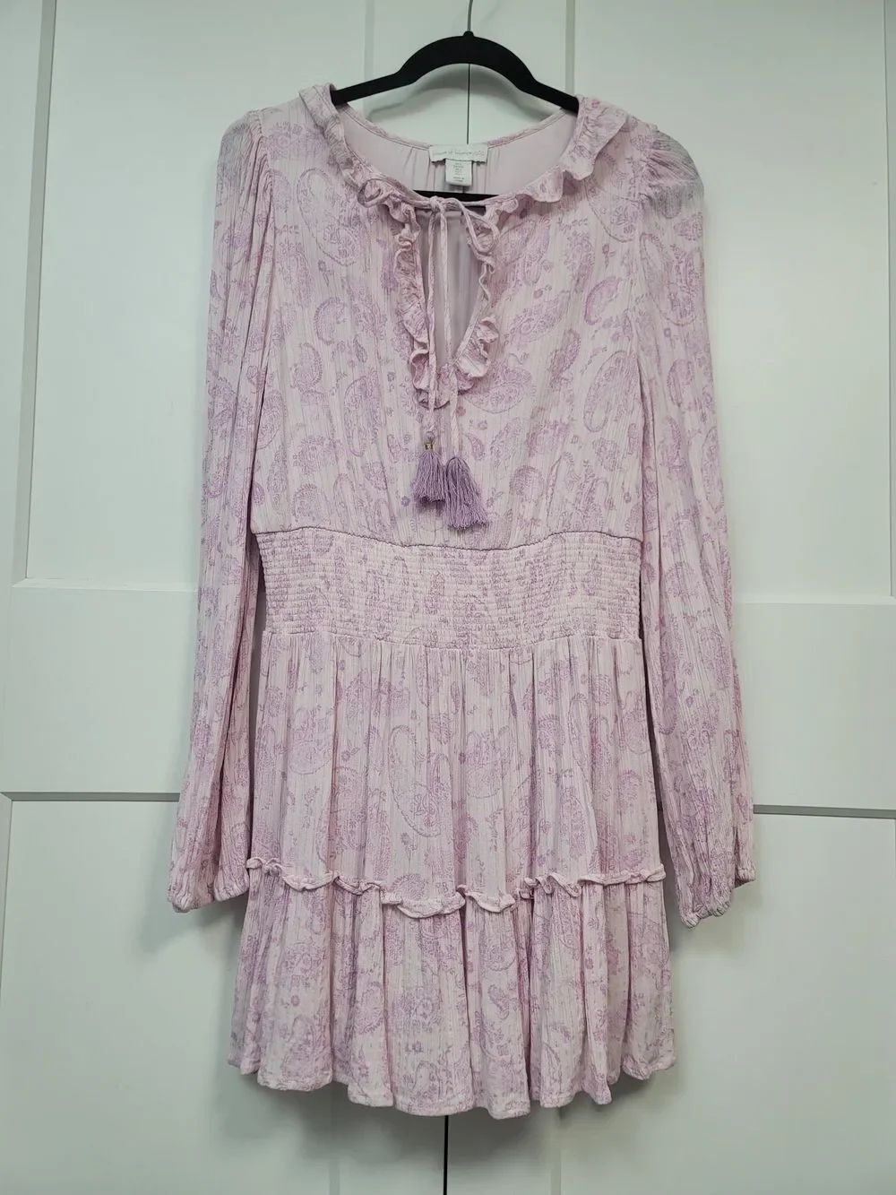 House of Harlow 1960 Ajay Lilac Paisley Ruffled Smocked Boho Mini Dress